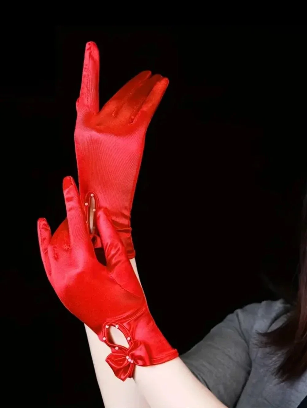 Elegant Red Satin Short Wrist Length Evening Gloves W/Bow & Faux Pearl Detail